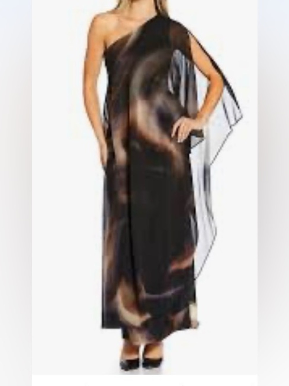 Alex Marie Angela Satin Chiffon Overlay One-Shoulder Long Sleeve Maxi Dress Gown